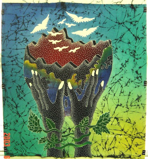 ガルーダに乗るキリスト （バティック、染色画） ガルーダに乗るキリスト （バティック、染色画）